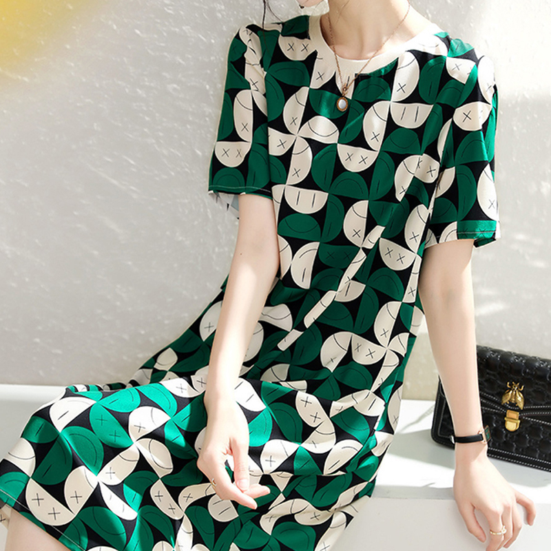 夏圓領寬鬆撞色連衣裙