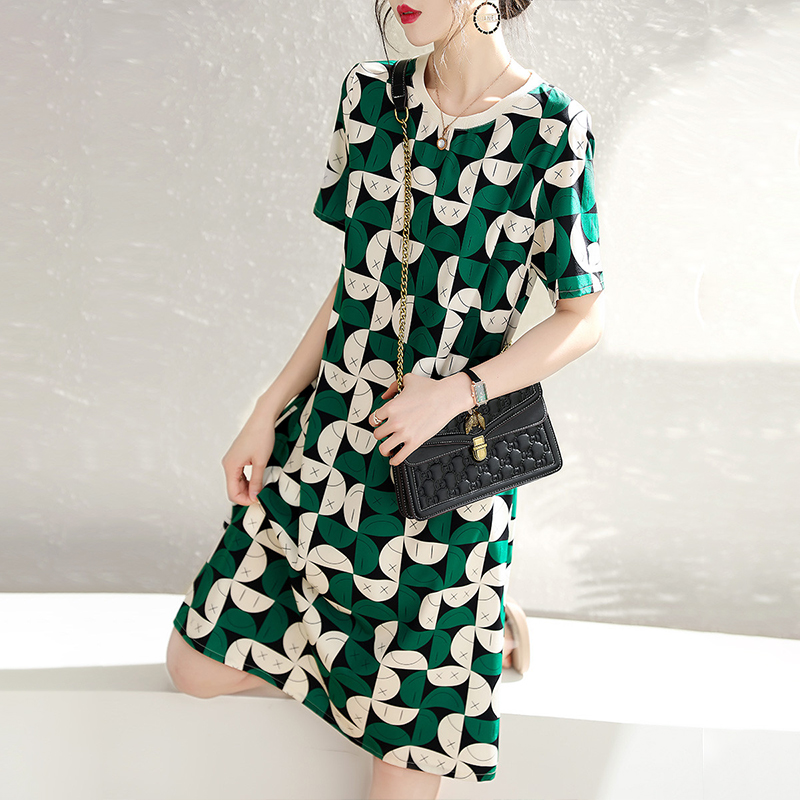 夏圓領寬鬆撞色連衣裙