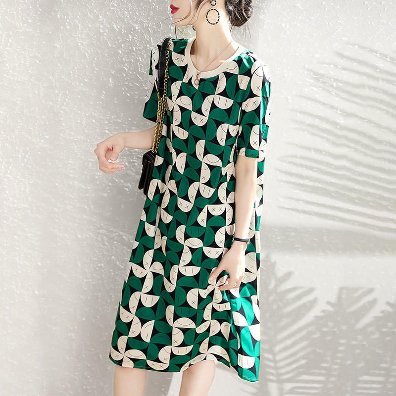 夏圓領寬鬆撞色連衣裙