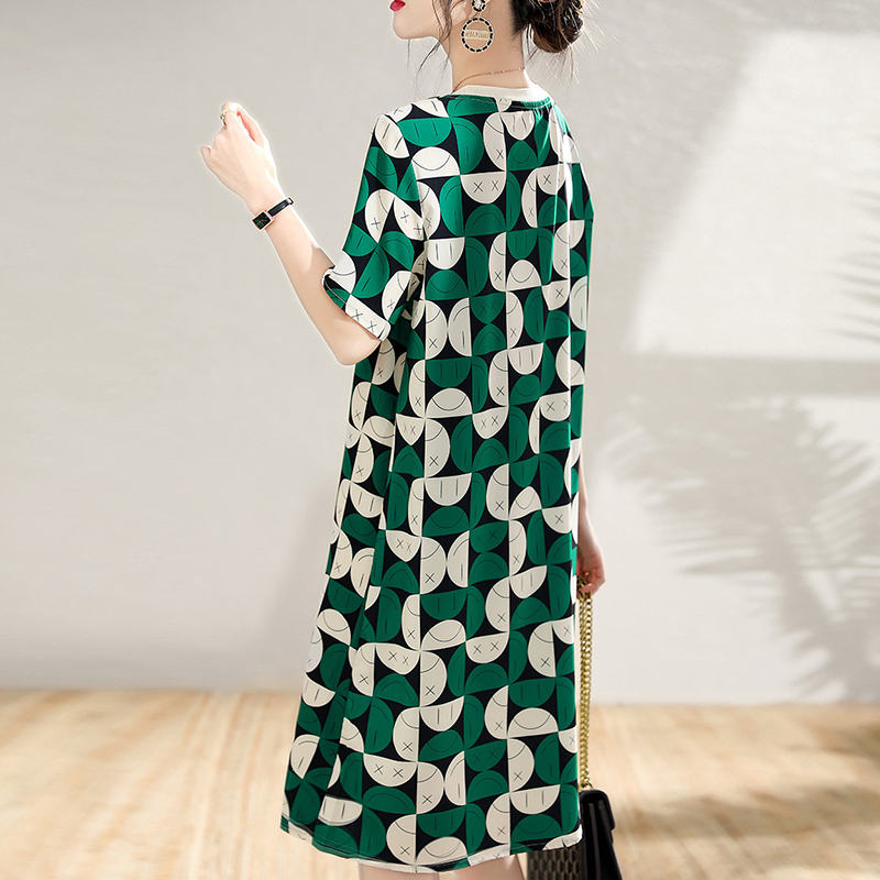 夏圓領寬鬆撞色連衣裙