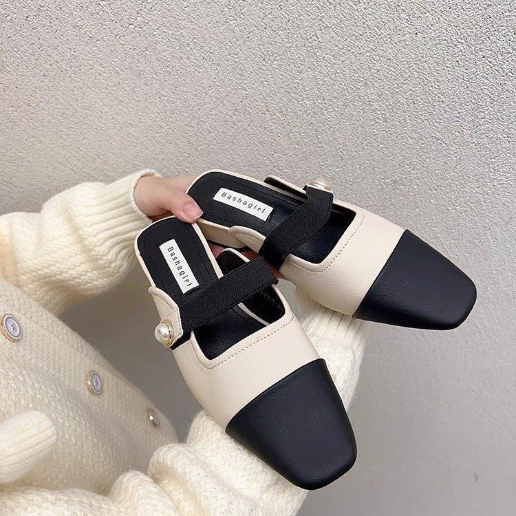 法式小香風拼色包頭外穿懶人單鞋