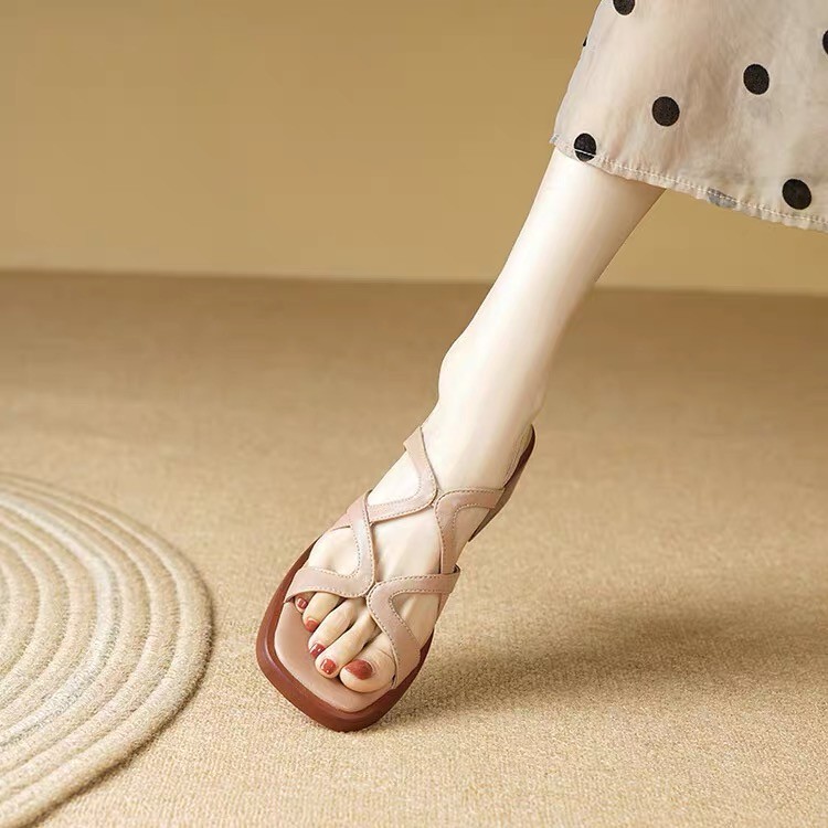 夏交叉鏤空圓頭高跟涼鞋