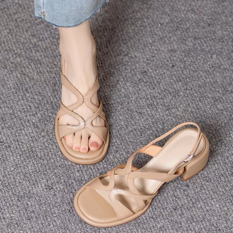 夏交叉鏤空圓頭高跟涼鞋