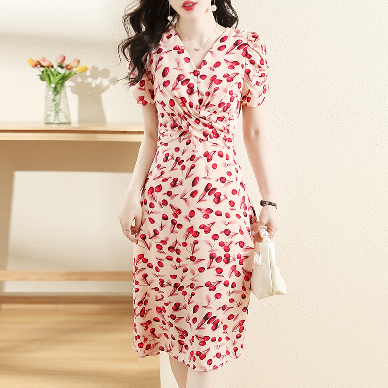 夏泡泡袖雪紡褶皺連衣裙