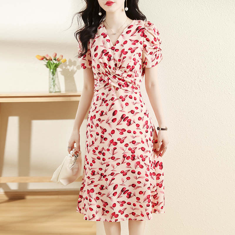 夏泡泡袖雪紡褶皺連衣裙