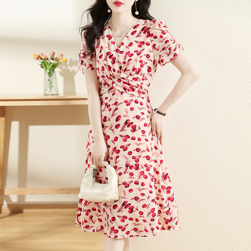 夏泡泡袖雪紡褶皺連衣裙