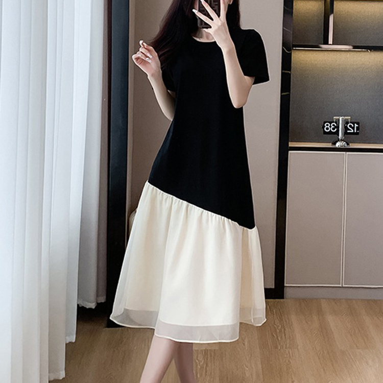 夏拼接撞色仙氣飄飄連衣裙