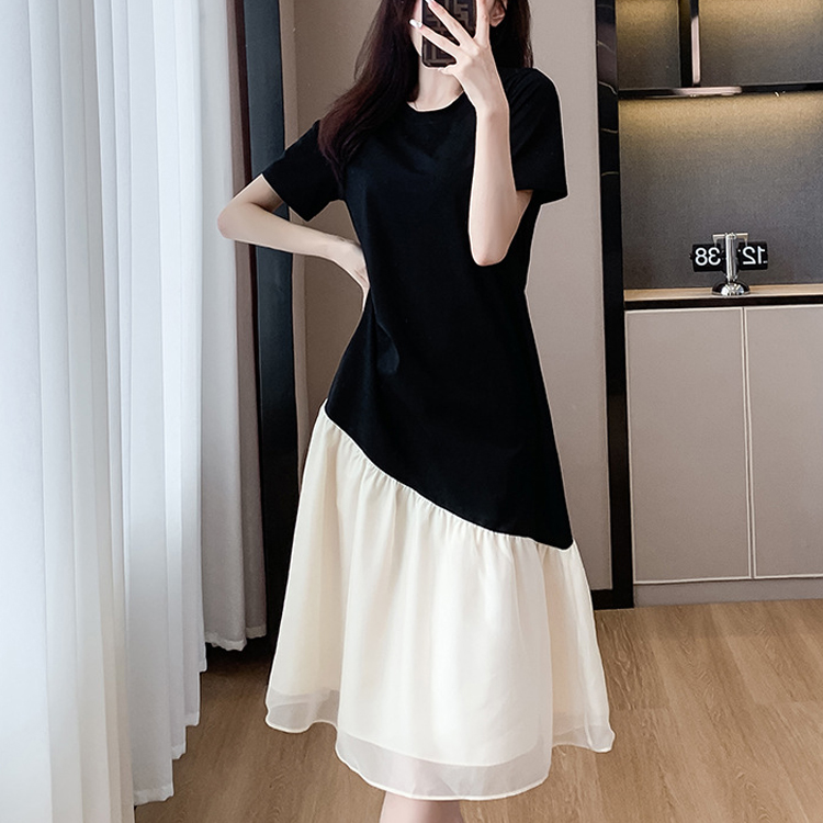 夏拼接撞色仙氣飄飄連衣裙