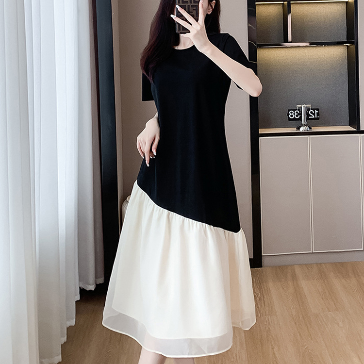 夏拼接撞色仙氣飄飄連衣裙