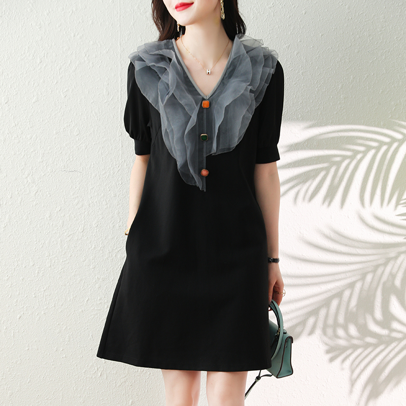 夏荷葉邊A領拼接網紗連衣裙