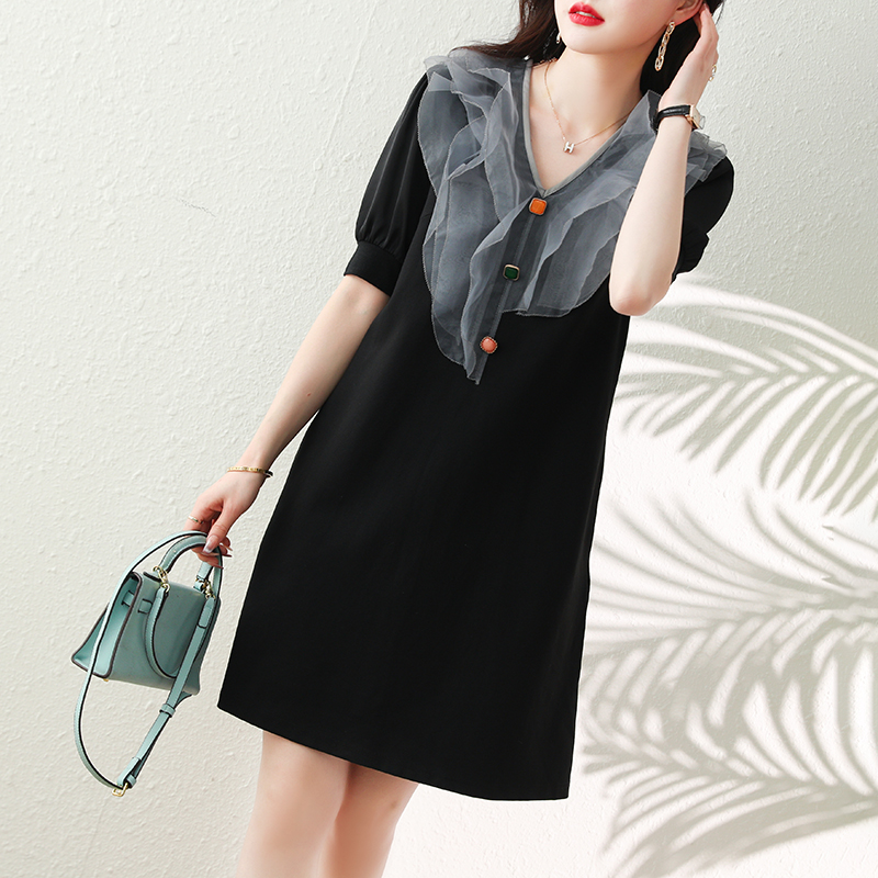 夏荷葉邊A領拼接網紗連衣裙