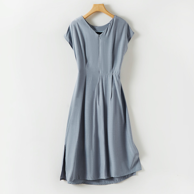 夏天絲側開叉抽褶連衣裙