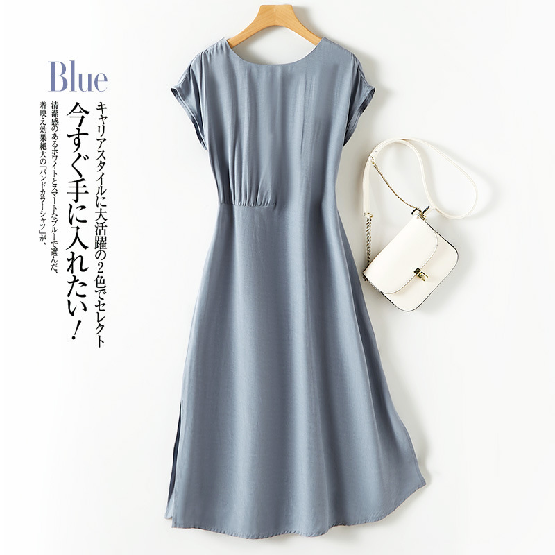 夏天絲側開叉抽褶連衣裙