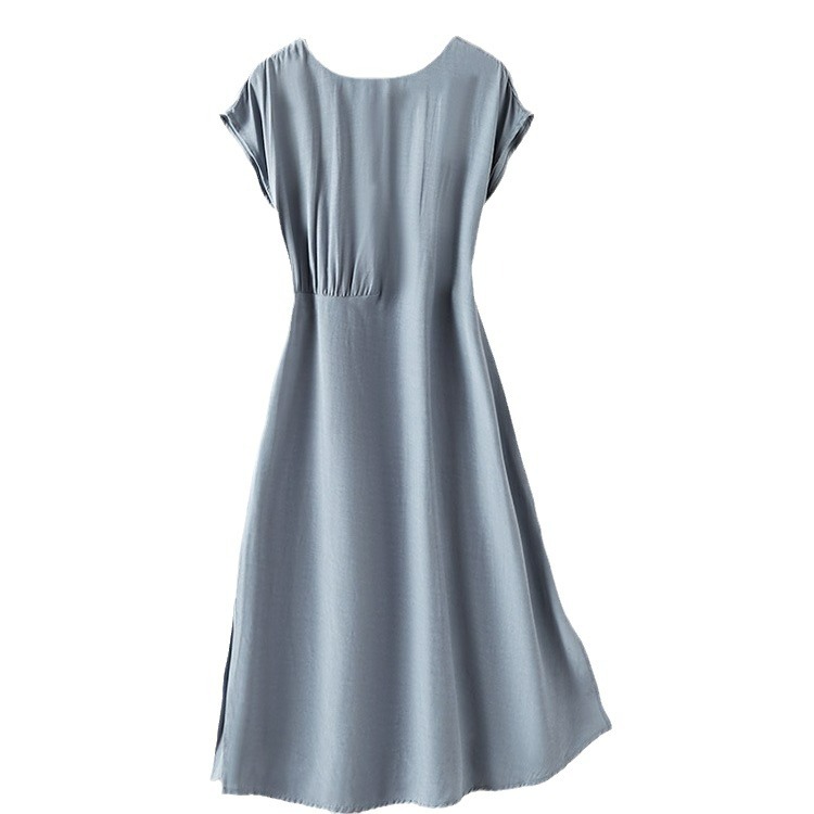 夏天絲側開叉抽褶連衣裙