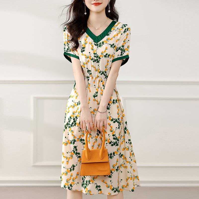 夏印花撞色收腰度假風連衣裙