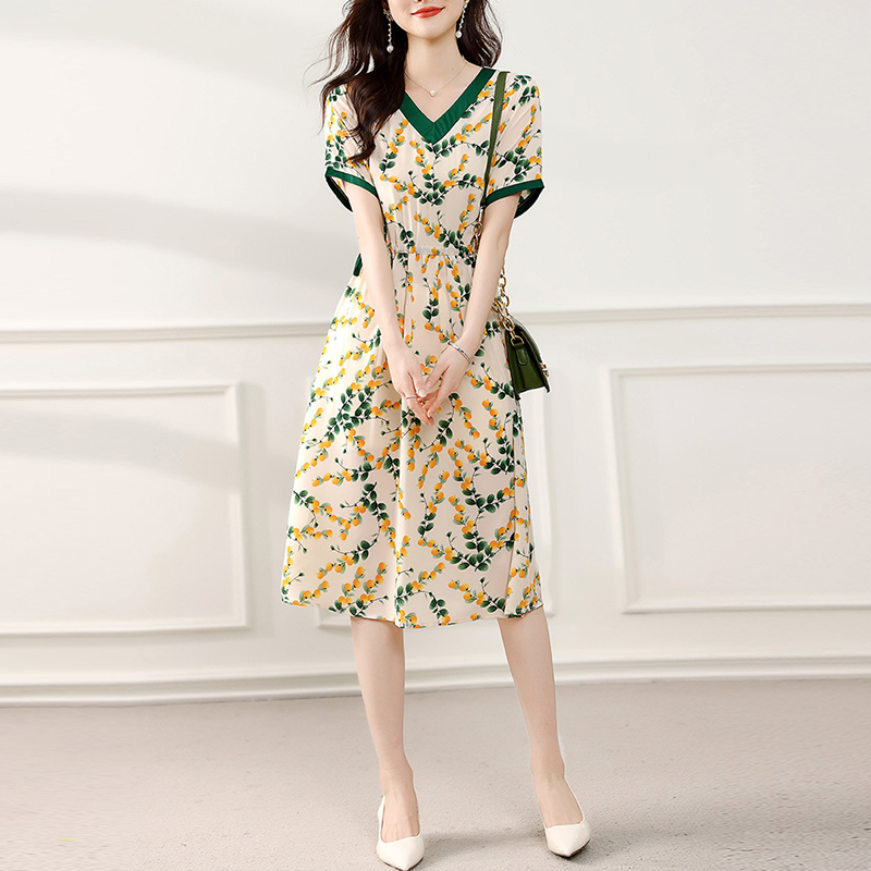 夏印花撞色收腰度假風連衣裙