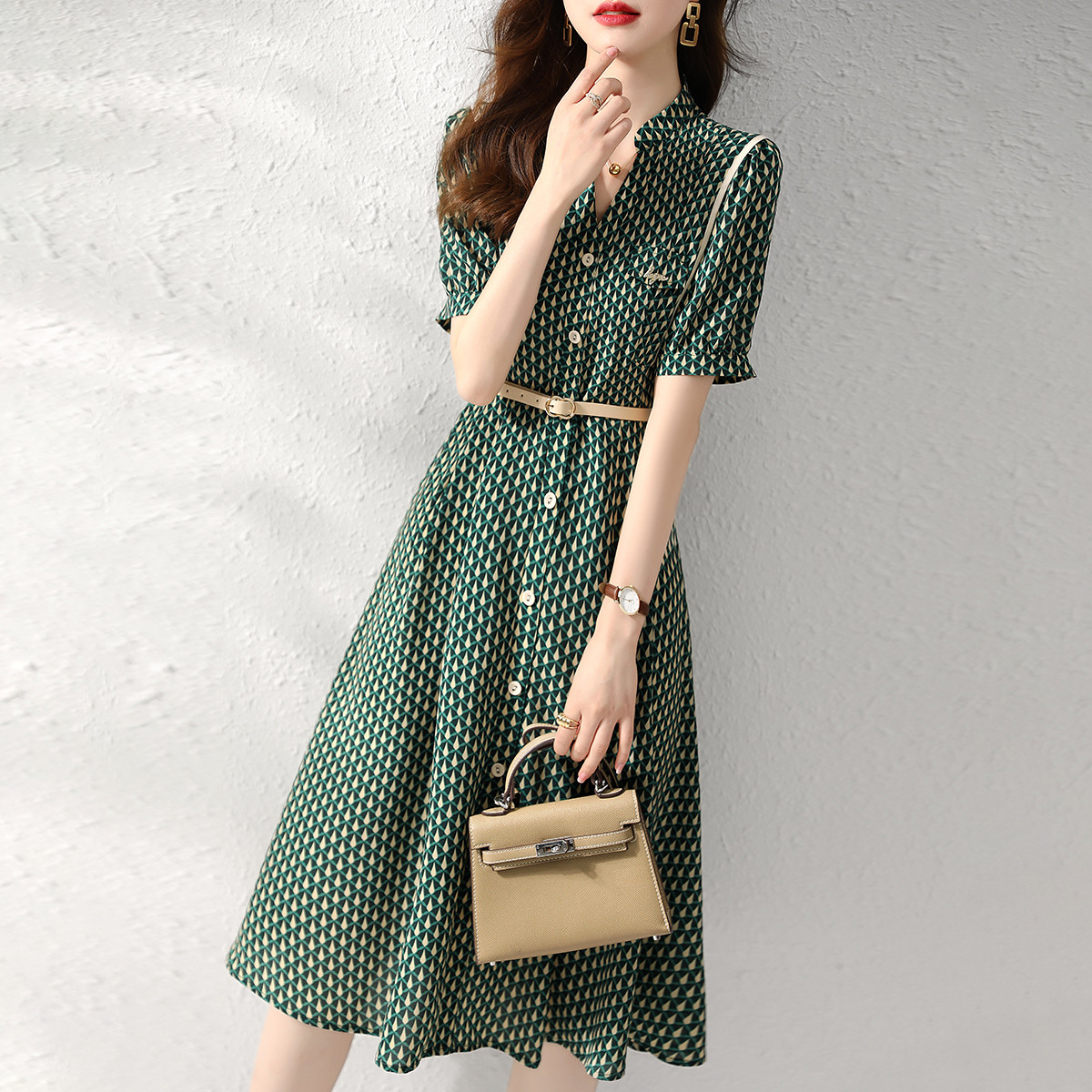 夏波段收腰韓版印花連衣裙