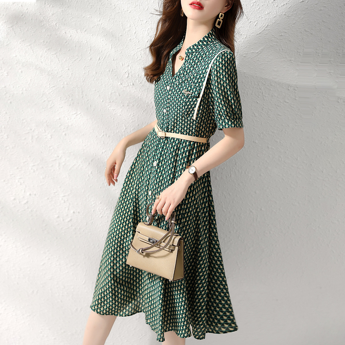 夏波段收腰韓版印花連衣裙