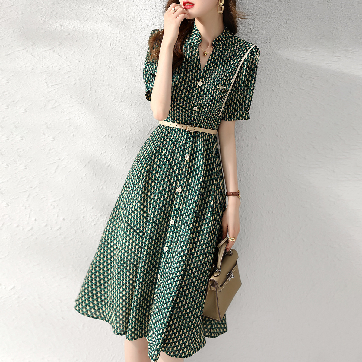 夏波段收腰韓版印花連衣裙