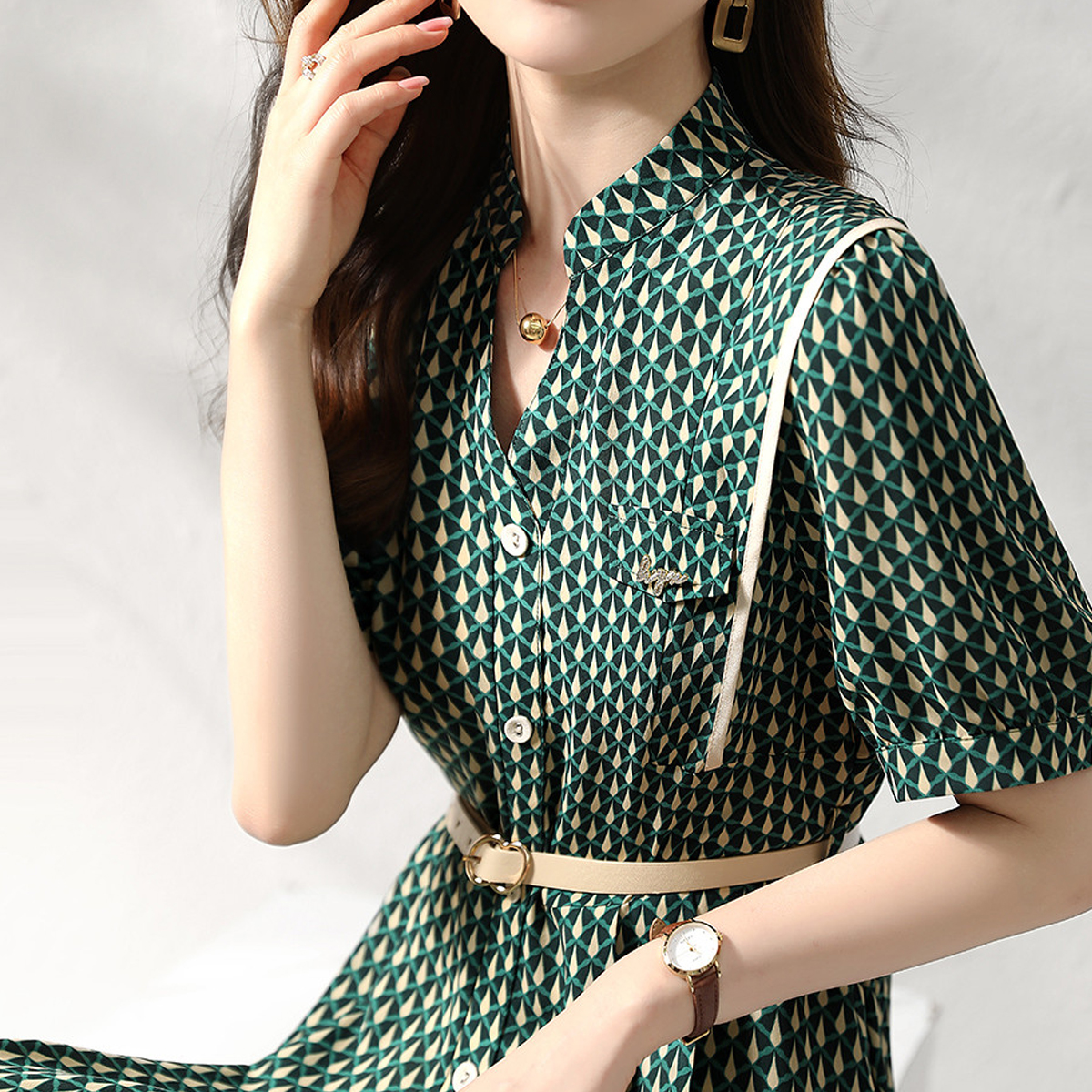 夏波段收腰韓版印花連衣裙