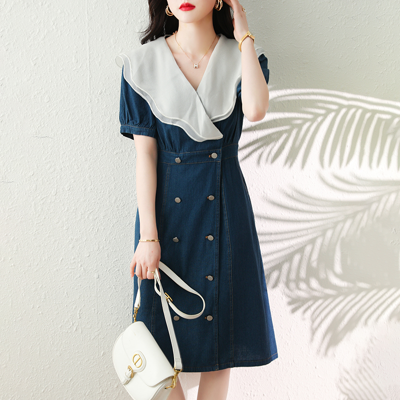 夏雙排釦雙層荷葉領拼色牛仔裙