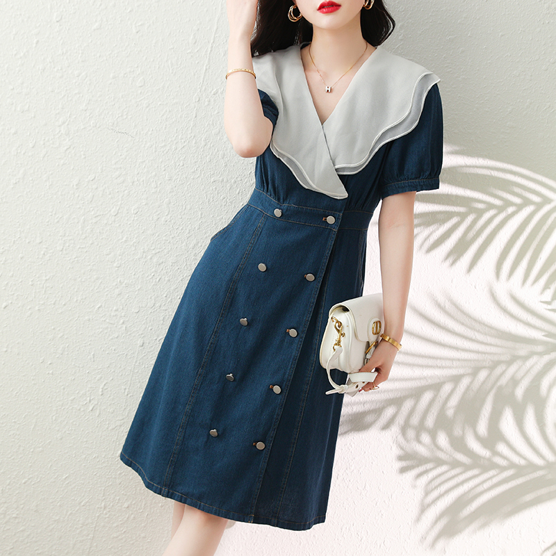 夏雙排釦雙層荷葉領拼色牛仔裙