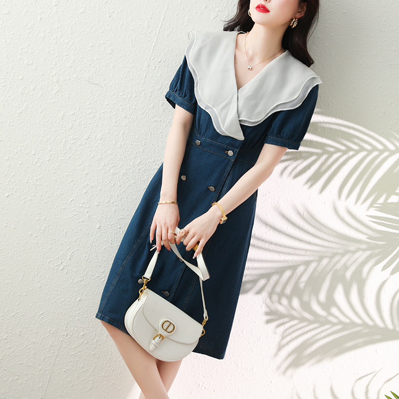 夏雙排釦雙層荷葉領拼色牛仔裙