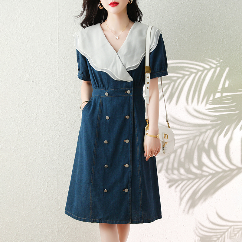 夏雙排釦雙層荷葉領拼色牛仔裙