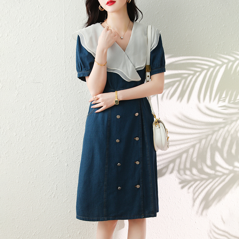 夏雙排釦雙層荷葉領拼色牛仔裙