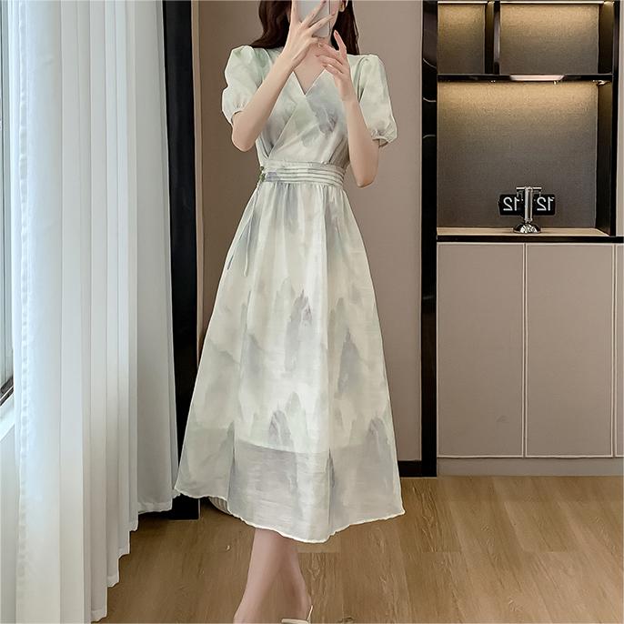 溫柔風水墨V領雪紡連身裙