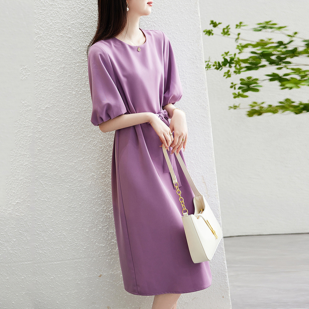 通勤圓領燈籠袖五分袖連身裙