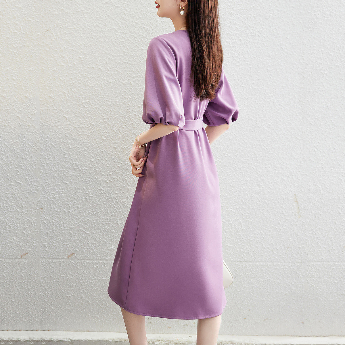 通勤圓領燈籠袖五分袖連身裙