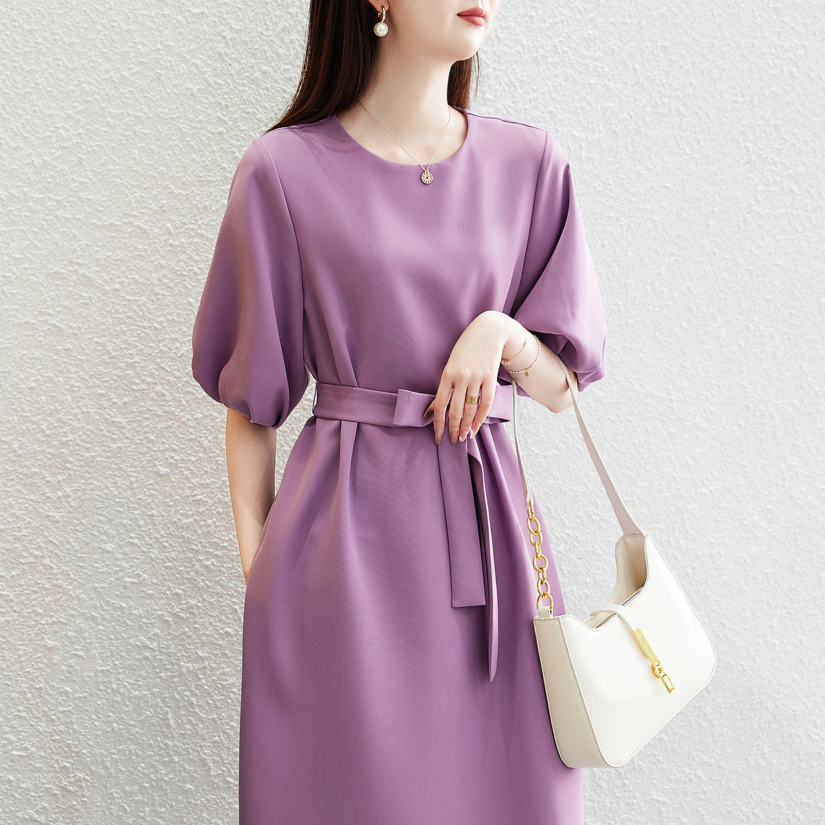 通勤圓領燈籠袖五分袖連身裙