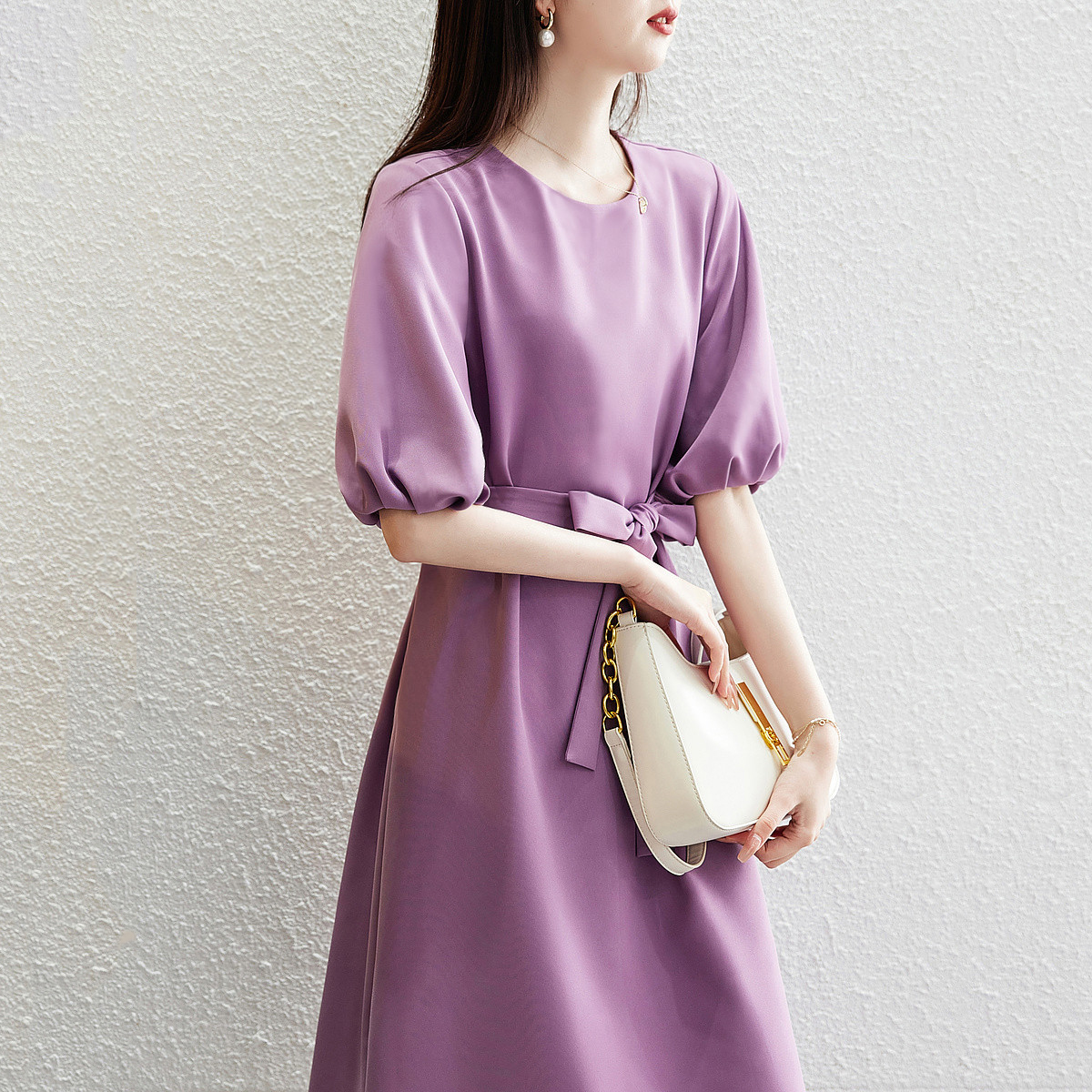 通勤圓領燈籠袖五分袖連身裙