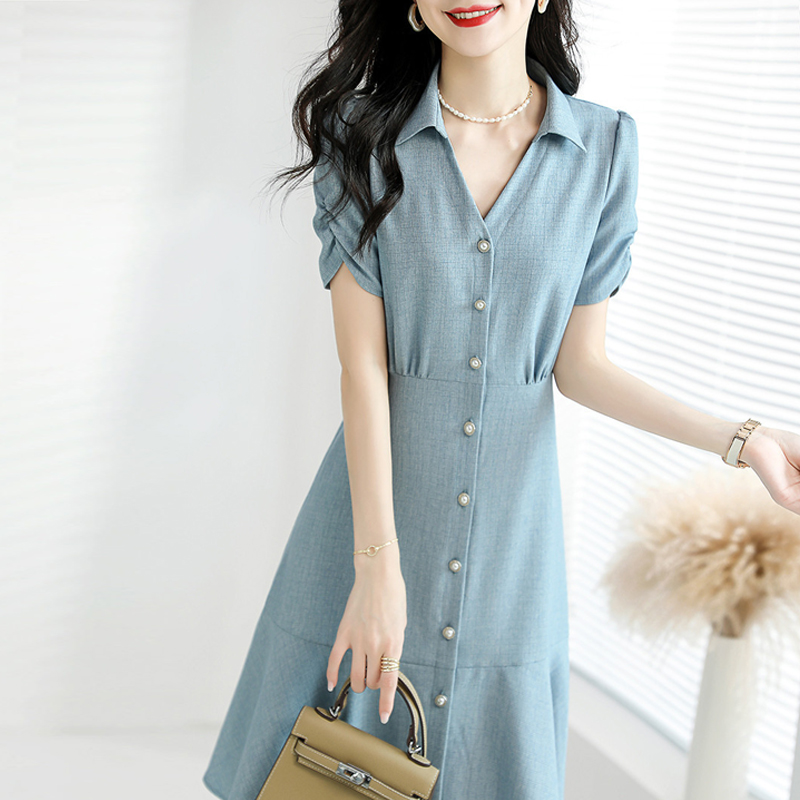 氣質純色泡泡袖V領連身裙