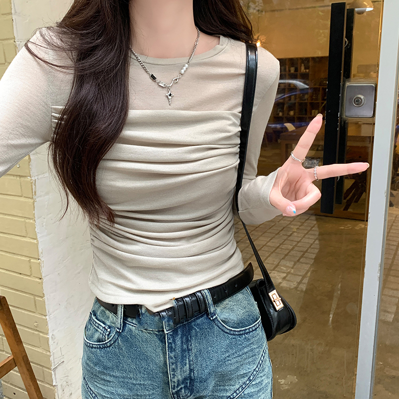 设计感褶皱修身网纱长袖打底衫