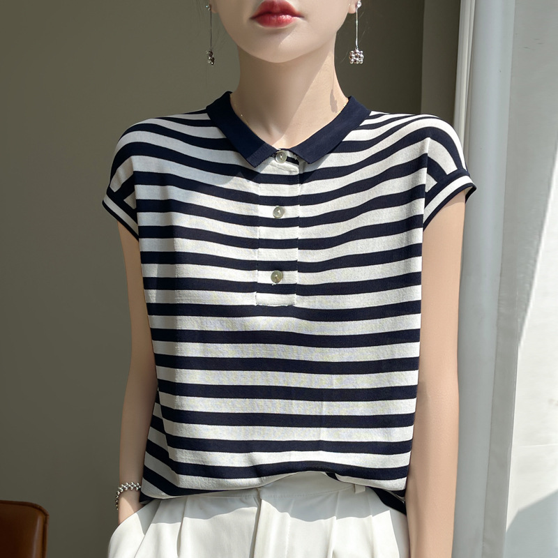 休閑條紋polo領短袖針織T恤