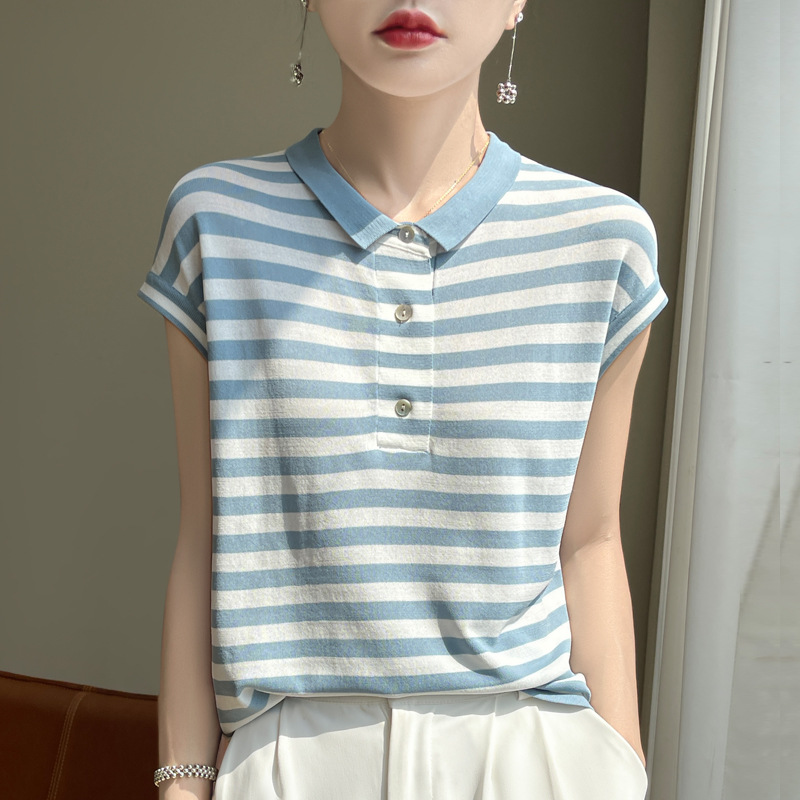 休閑條紋polo領短袖針織T恤