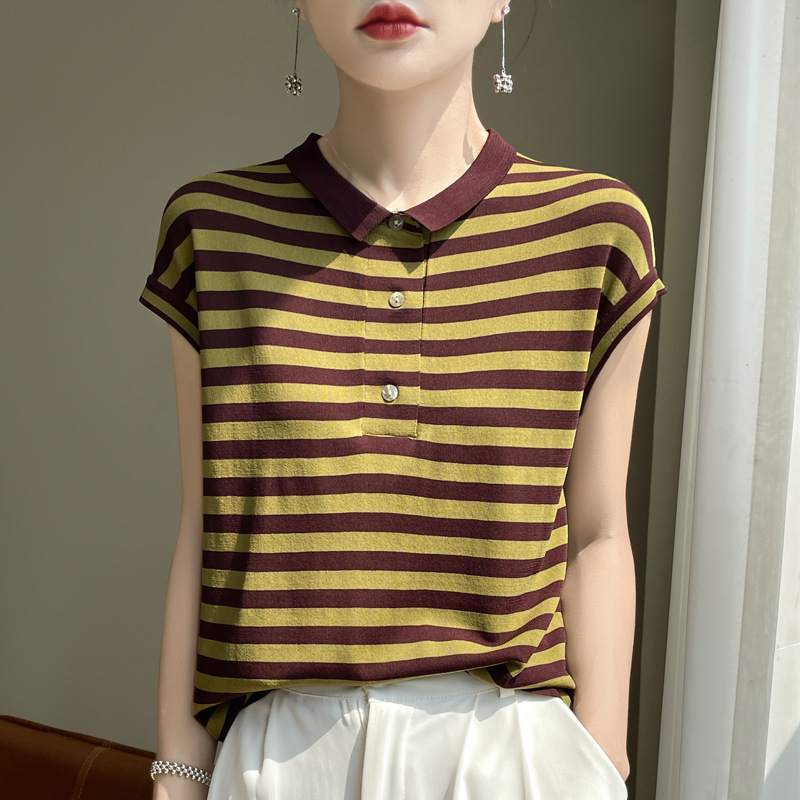 休閑條紋polo領短袖針織T恤