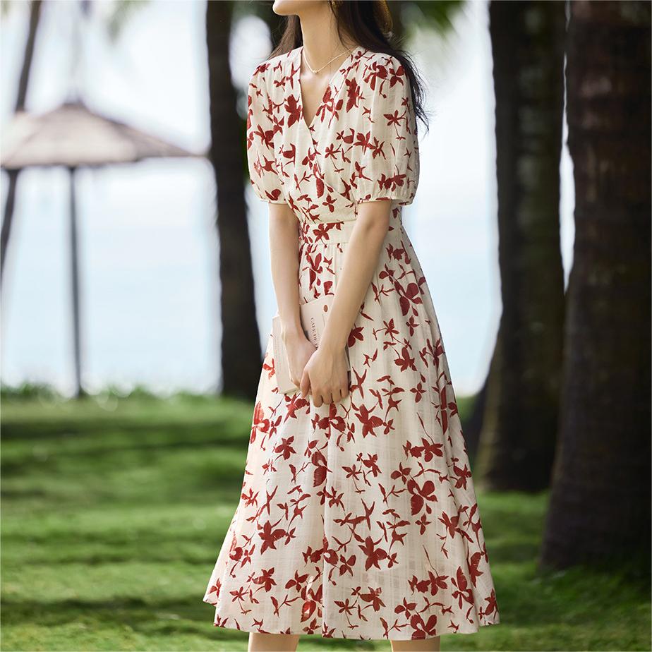 法式茶歇印花V領短袖連身裙