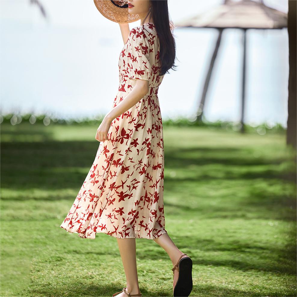 法式茶歇印花V領短袖連身裙