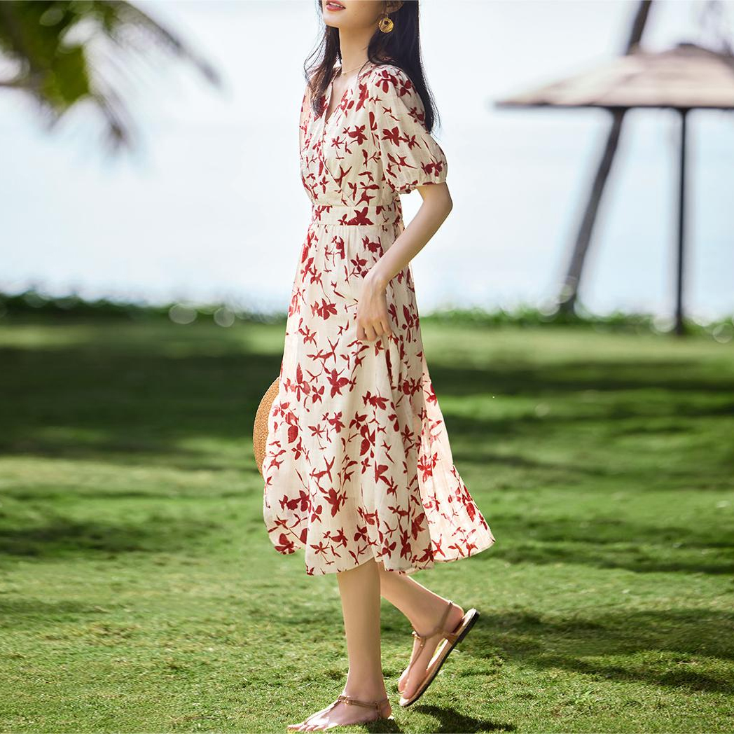 法式茶歇印花V領短袖連身裙