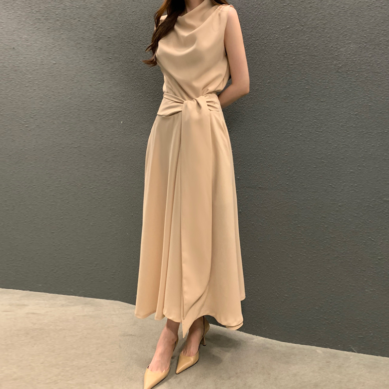 法式堆堆領綁帶收腰無袖連身裙