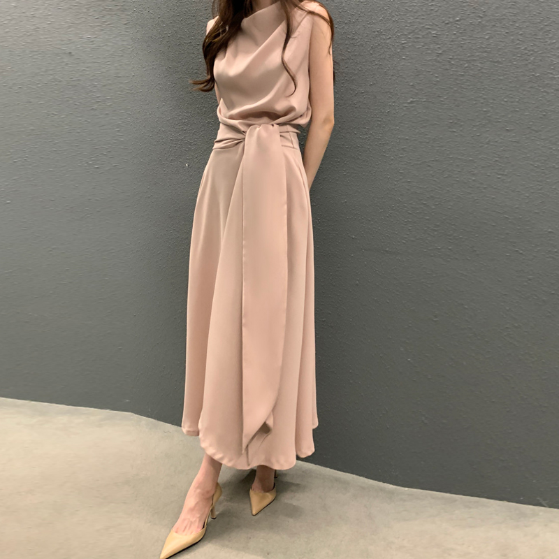 法式堆堆領綁帶收腰無袖連身裙