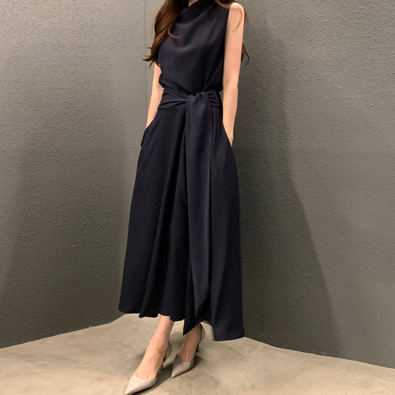 法式堆堆領綁帶收腰無袖連身裙