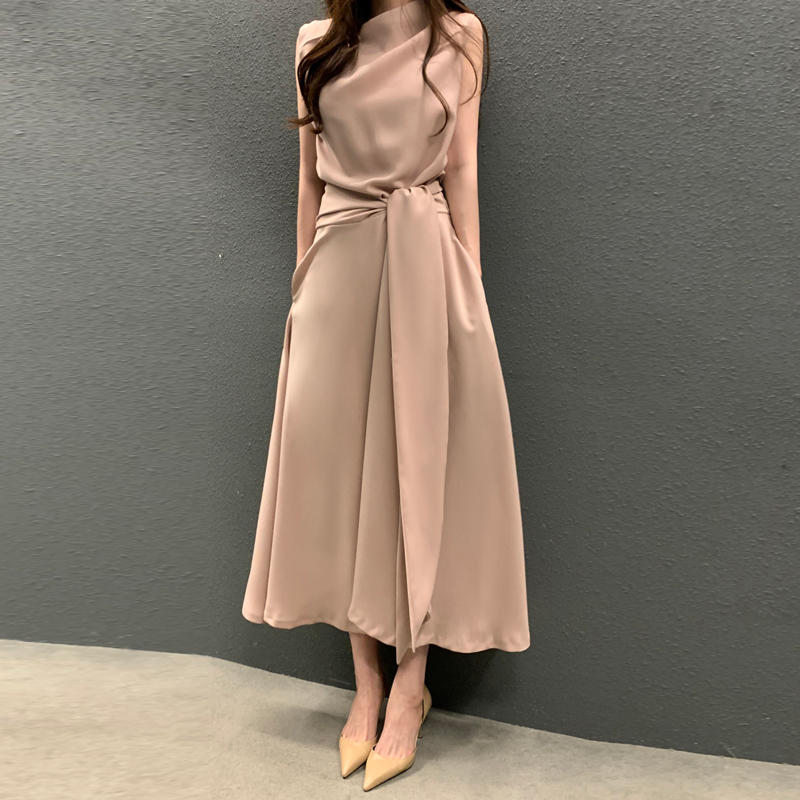 法式堆堆領綁帶收腰無袖連身裙