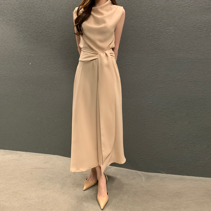 法式堆堆領綁帶收腰無袖連身裙