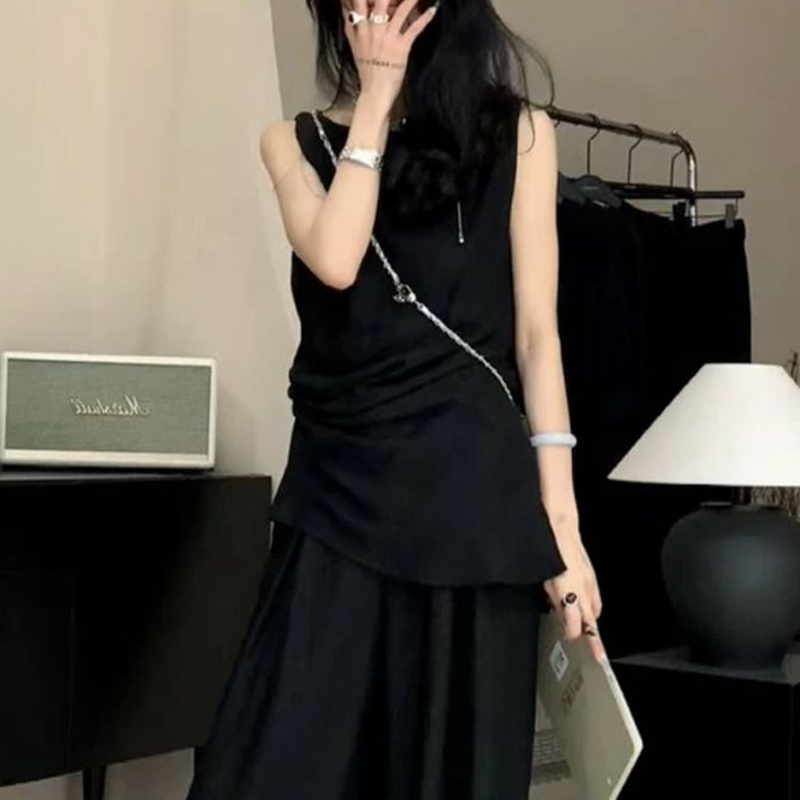法式圓領無袖背心闊腿褲兩件套