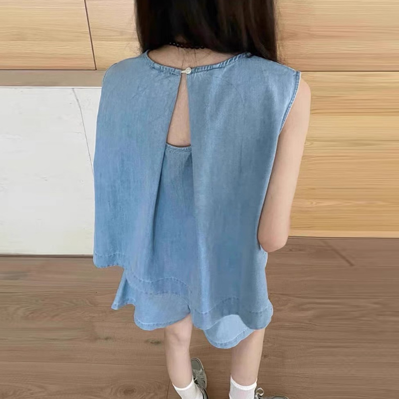 韓系無袖牛仔背心鬆緊腰短褲兩件套