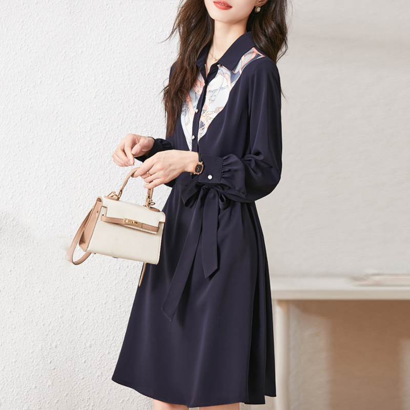 復古絲巾拼接收腰連身裙